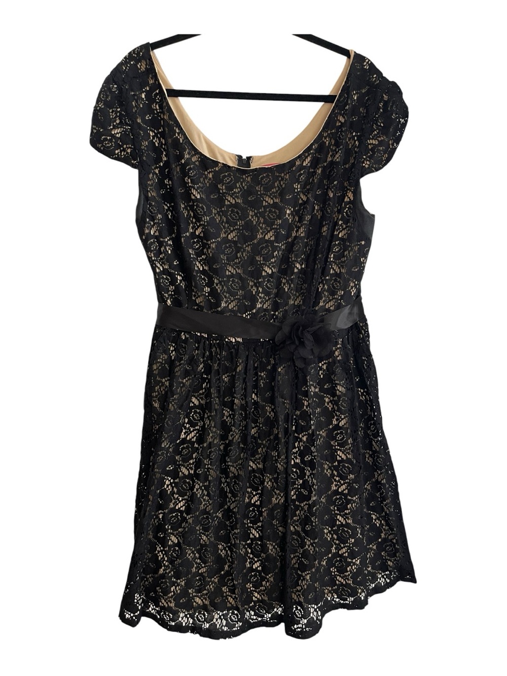 Black Lace Mini Dress with Nude Lining and Floral Waist Sash